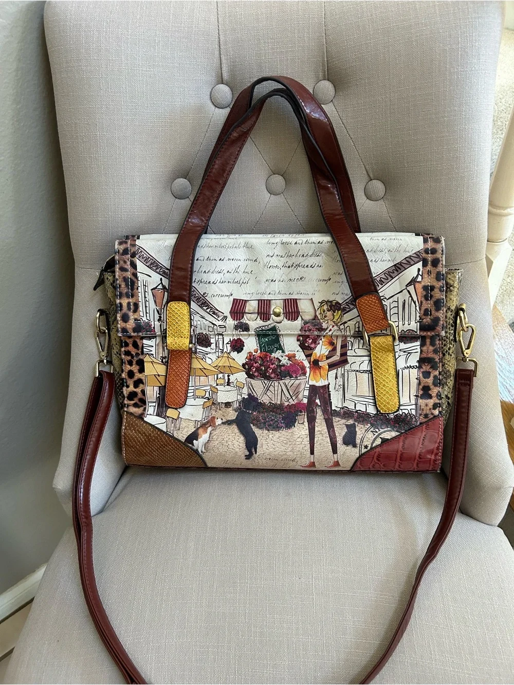 Nicole Lee Multicolor Printed Satchel with Brown Handles